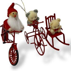 Vintage Avon Christmas Ornaments 3 pc  Flocked Bears Santa on Bike